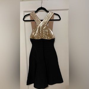 Herve Leger gold/black dress with A-line skirt